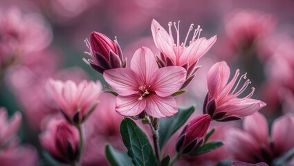 Poster - Delicate macro shot of vibrant pink flowers showcasing intricate petal details and lush green foliage in a soft blurred background.