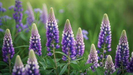 Poster - Lush purple lupine flowers with blurred green background showcasing vibrant foliage and serene natural beauty in a close-up view.