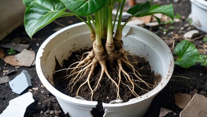 Aufkleber - Roots of a plant growing in a broken white pot with soil and stones in the background depicting an indoor gardening scene
