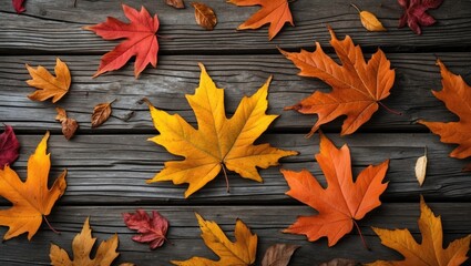 Poster - Colorful autumn leaves scattered on rustic wooden surface creating a warm, seasonal ambiance in nature photography.