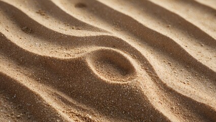 Poster - Natural sandy beach texture with ripples capturing light and shadow, showcasing the intricate patterns of fine sand particles.