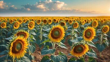 Aufkleber - Field of sunflowers in full bloom with bright yellow petals under a clear blue sky during sunset with scattered clouds.