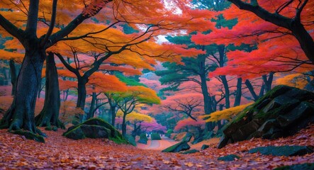 Poster - Autumn landscape with vibrant red and orange foliage in a tranquil forest path surrounded by trees and rocks.
