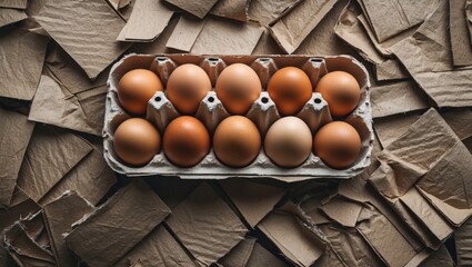 Aufkleber - Carton of brown and beige eggs on a textured background of cardboard pieces