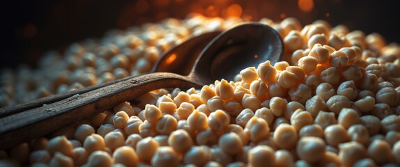 Poster - Raw chickpeas with a wooden spoon partially buried in the pile, illuminated by soft, warm lighting creating an inviting atmosphere.