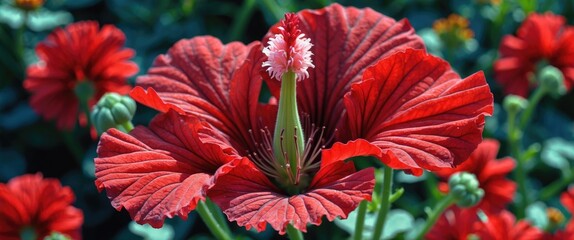 Poster - Vibrant close-up of a red hibiscus flower with detailed petals and green foliage in background against a clear blue sky.