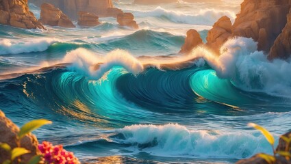 Poster - Vibrant ocean waves capturing the essence of exotic nature with rich colors and textures reminiscent of Oriental art and fashion textiles.