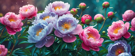 Poster - Vibrant peony flowers in various shades showcasing their intricate petals and lush green foliage against a soft blurred background