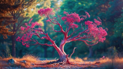 Poster - vibrant pink flowering tree with twisted branches in a natural landscape during sunset or sunrise