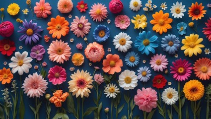 Poster - Colorful array of assorted flowers arranged on a blue background showcasing various types and sizes of blossoms with greenery.