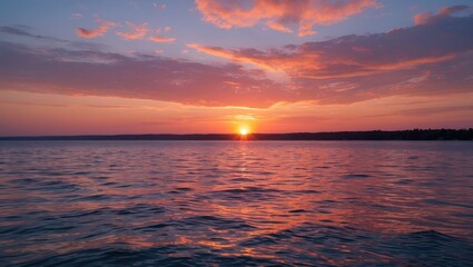 Aufkleber - Sunset over calm water with vibrant orange and purple hues reflecting on the surface at dusk with distant shoreline in background