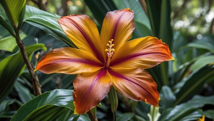 Poster - Vibrant orange and yellow hibiscus flower with purple stripes surrounded by lush green foliage in natural garden setting