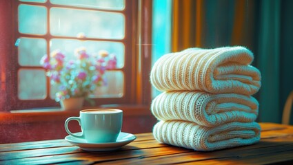 Poster - Coffee cup with saucer next to neatly folded cozy towels on wooden table in bright room with window and flowers in background