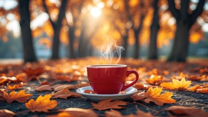 Poster - Cozy red coffee cup amid vibrant autumn leaves with sunlight filtering through trees creating a warm fall atmosphere.