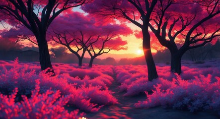 Poster - Vibrant pink foliage and trees during sunset with colorful sky in a tranquil natural landscape setting