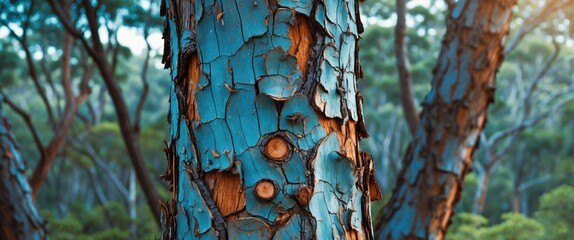 Poster - textured bark of a eucalyptus tree showcasing vibrant colors and natural patterns in a serene forest