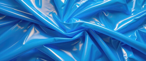 Poster - Blue glossy vinyl fabric texture background close up detailed surface wrinkled pattern for design and textile use