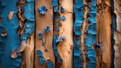Poster - Vibrant natural wood bark texture featuring contrasting blue elements and organic details ideal for backgrounds or artistic design projects