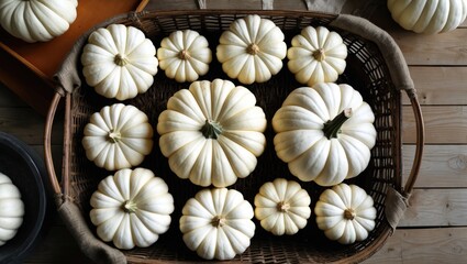 Poster - White pumpkins arranged in a wicker basket on a wooden surface displayed in various sizes and shapes for autumn decoration