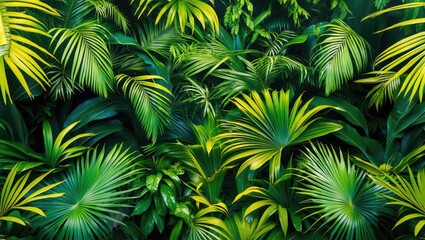 Poster - Vibrant tropical palm leaves creating a lush, exotic background filled with various shades of green and intricate patterns.
