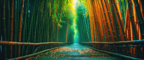 Poster - Serene bamboo forest pathway with vibrant green and orange stalks illuminated by soft light creating a tranquil natural backdrop.