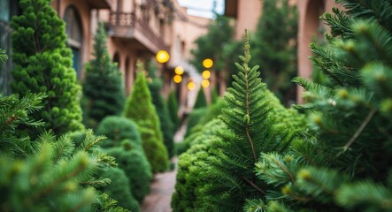 Poster - Lush green coniferous trees lining a pathway with soft warm lighting in a serene outdoor setting