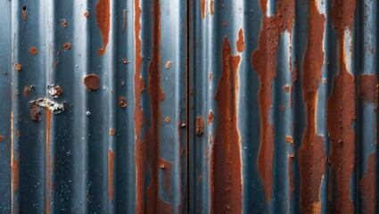 Aufkleber - Rusty metal wall texture with vertical corrugated pattern and weathered surface detailing in shades of blue and red-brown corrosion marks.