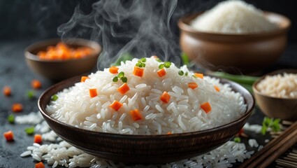 Poster - Steaming white rice with diced carrots and green peas served in a rustic bowl on a dark textured surface with more ingredients in background