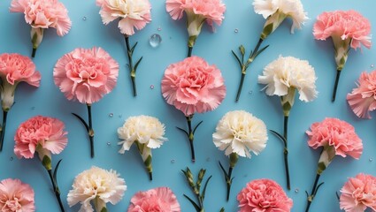 Poster - Colorful arrangement of pink and white carnation flowers on a blue background with water droplets