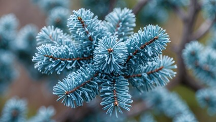 Poster - Blue fir tree branch with distinctive bluish-green needles and brown stems captured in natural light.