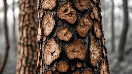 Aufkleber - Close-up view of textured tree bark with distinct patterns and colors in natural forest setting