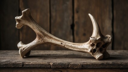 Poster - old animal bone placed artistically on a rustic wooden surface with a blurred natural background enh