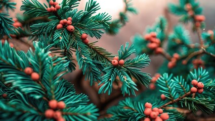 Poster - Close-up of evergreen branches with red berries showcasing detailed texture and vibrant colors in a natural setting