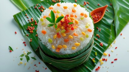 Poster - Colorful rice dish with mixed vegetables on banana leaves garnished with herbs and spices displayed on a white surface