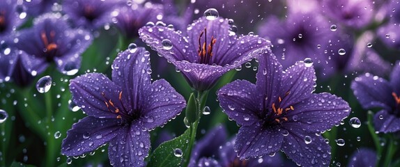 Poster - Purple flowers with water droplets against a blurred green background showcasing nature's beauty and vibrant colors in detail.