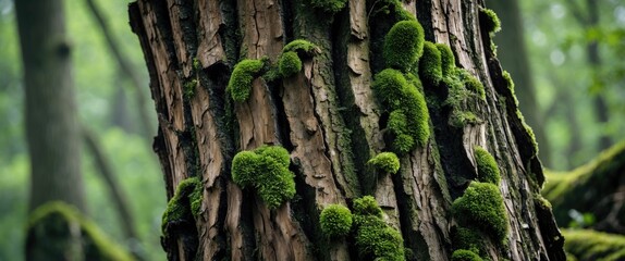 Poster - Textured tree bark adorned with vibrant green moss in a serene forest setting, showcasing nature's beauty and tranquility.