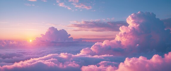 Poster - Colorful sunset over fluffy clouds with soft pink and purple hues in a clear sky. Bright horizon with gentle cloud formations.
