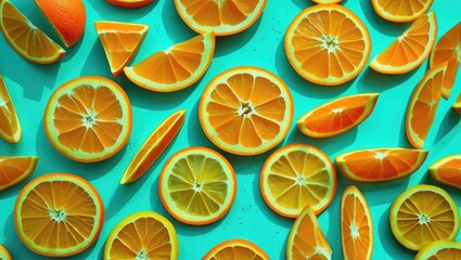 Aufkleber - Sliced oranges and lemons arranged on a turquoise background in a flat lay composition