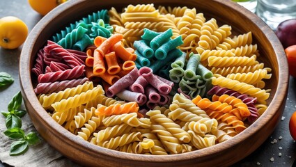 Poster - Colorful assortment of various pasta shapes arranged in a wooden bowl on a textured surface with fresh herbs and vegetables