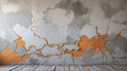 Leinwandbilder - Cracked and peeling textured wall with orange patches and wooden floor in a spacious indoor setting