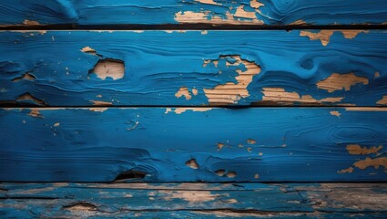 Poster - Weathered blue paint texture on rustic wooden planks with visible cracks and peeling sections creating a vintage aesthetic background.