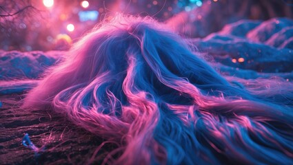 Poster - Colorful long hair on rocky surface illuminated by soft glowing lights in night setting