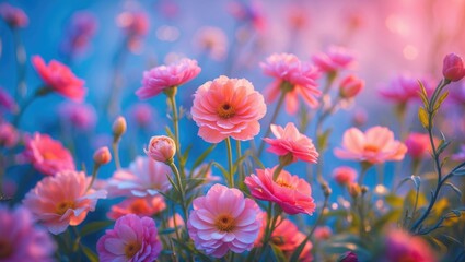 Poster - Romantic soft focus flowers in pastel colors creating a dreamy blurred background ideal for serene compositions and nature-themed designs.