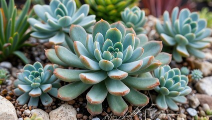Aufkleber - Succulent plants with rosette shapes and green-blue leaves surrounded by small pebbles in a garden setting.