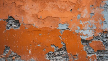 Aufkleber - Textured orange wall with chipped paint and exposed rough stone surface creating a rustic and weathered appearance.