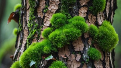 Aufkleber - Close-up of vibrant green moss and lichen on the textured bark of a tree in a forest environment