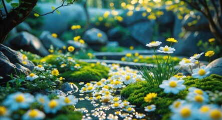 Aufkleber - Serene natural landscape with blooming flowers and rocks by a stream in soft sunlight.
