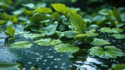 Poster - Lush green leaves with water droplets floating on a tranquil pond surface creating a serene natural atmosphere in a vibrant setting.