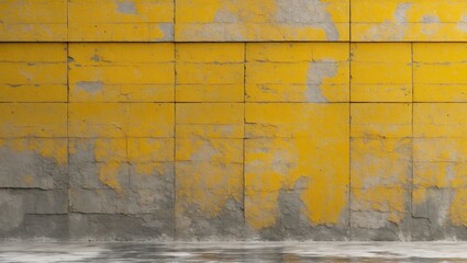Aufkleber - Textured yellow wall with faded gray concrete showing signs of wear and damage in an industrial setting.