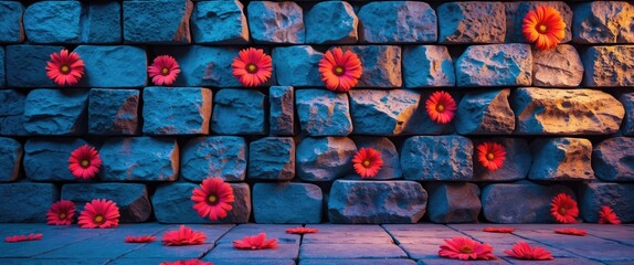 Poster - Vibrant floral arrangement against a textured stone wall background with colorful flowers enhancing a rustic aesthetic.